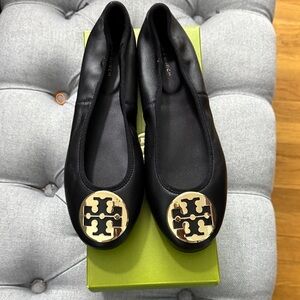 Tory Burch Black Ballet Flats with Gold Emblem